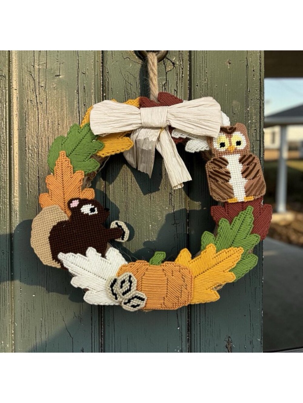 Fall Wreath Plastic Canvas Handmade Autumn Granolagirl Decor Home Squirrel Leaf